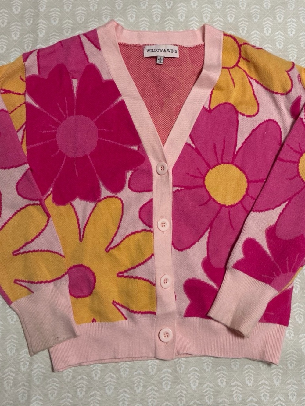 Pink Floral Button-Up Sweater Cardigan